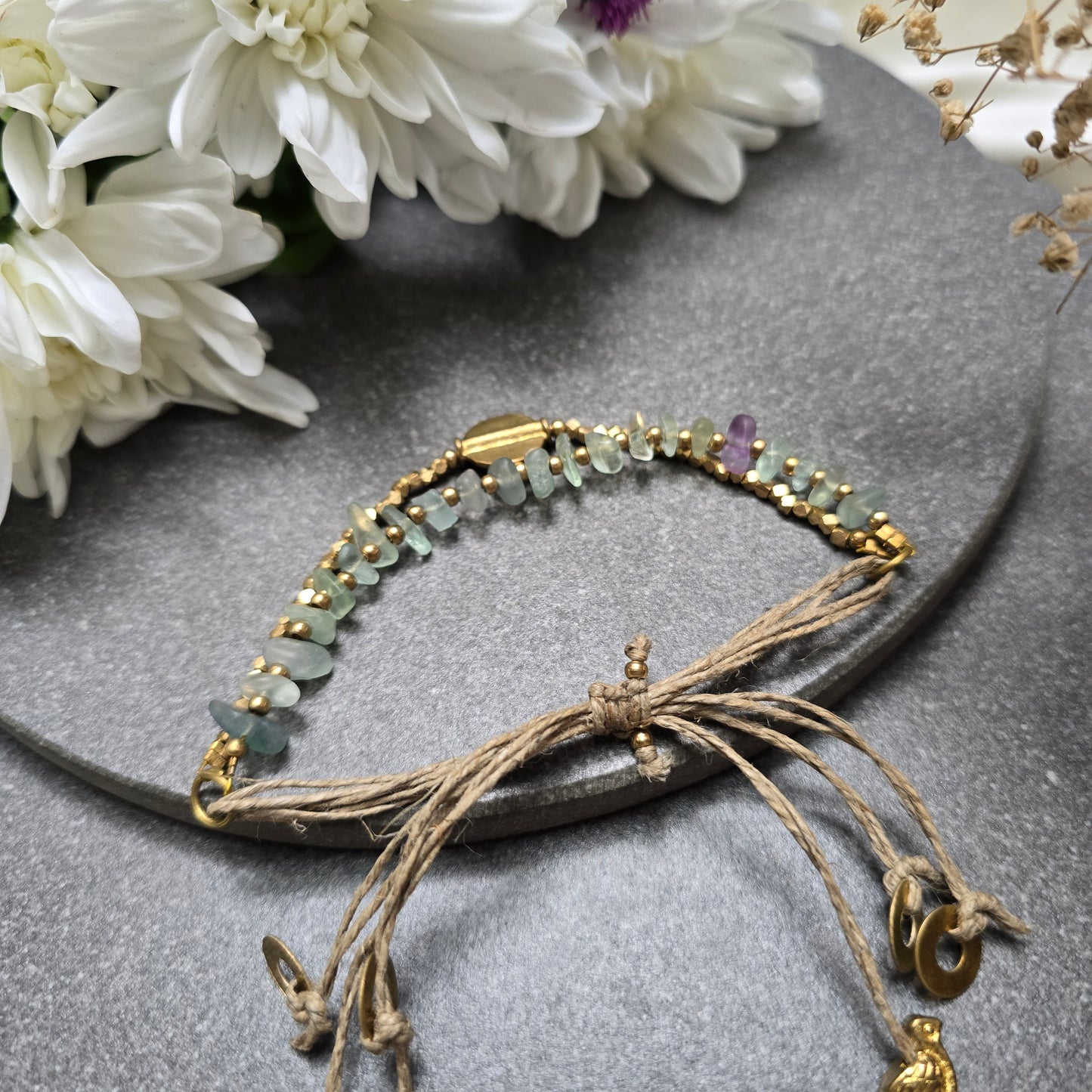 Layered Green Fluorite Bracelet with Brass Charms