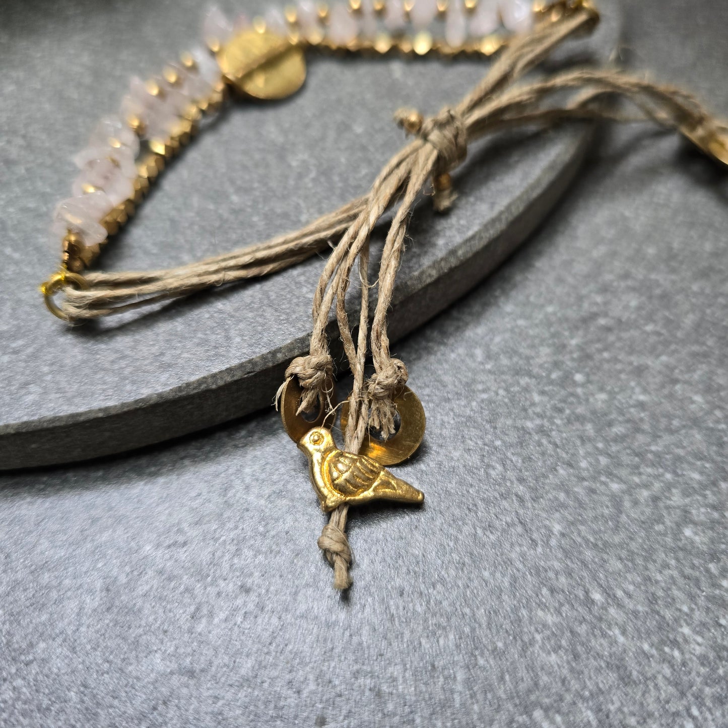 Layered Rose Quartz Bracelet with Brass Charms