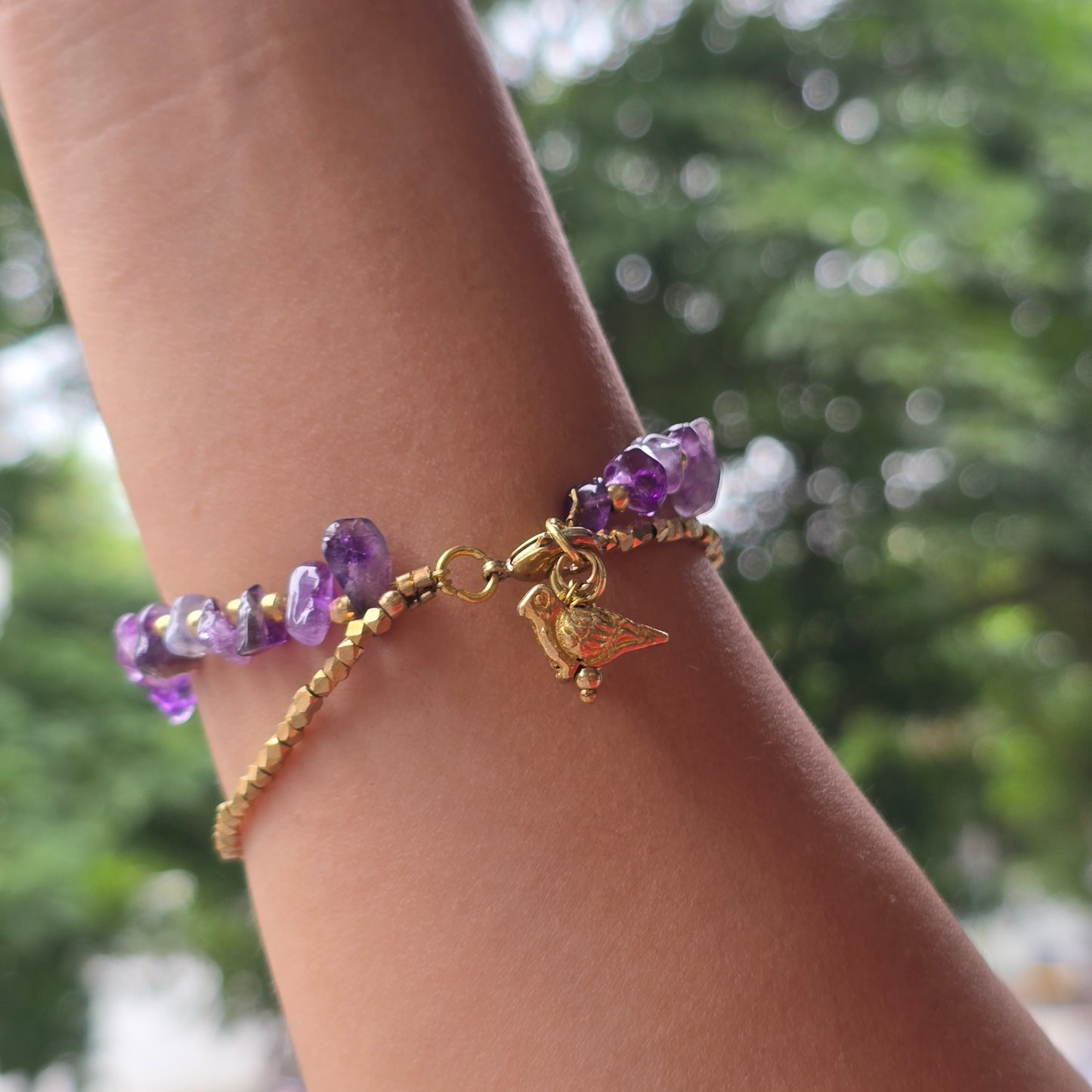Amethyst Bracelet with Bird Charms