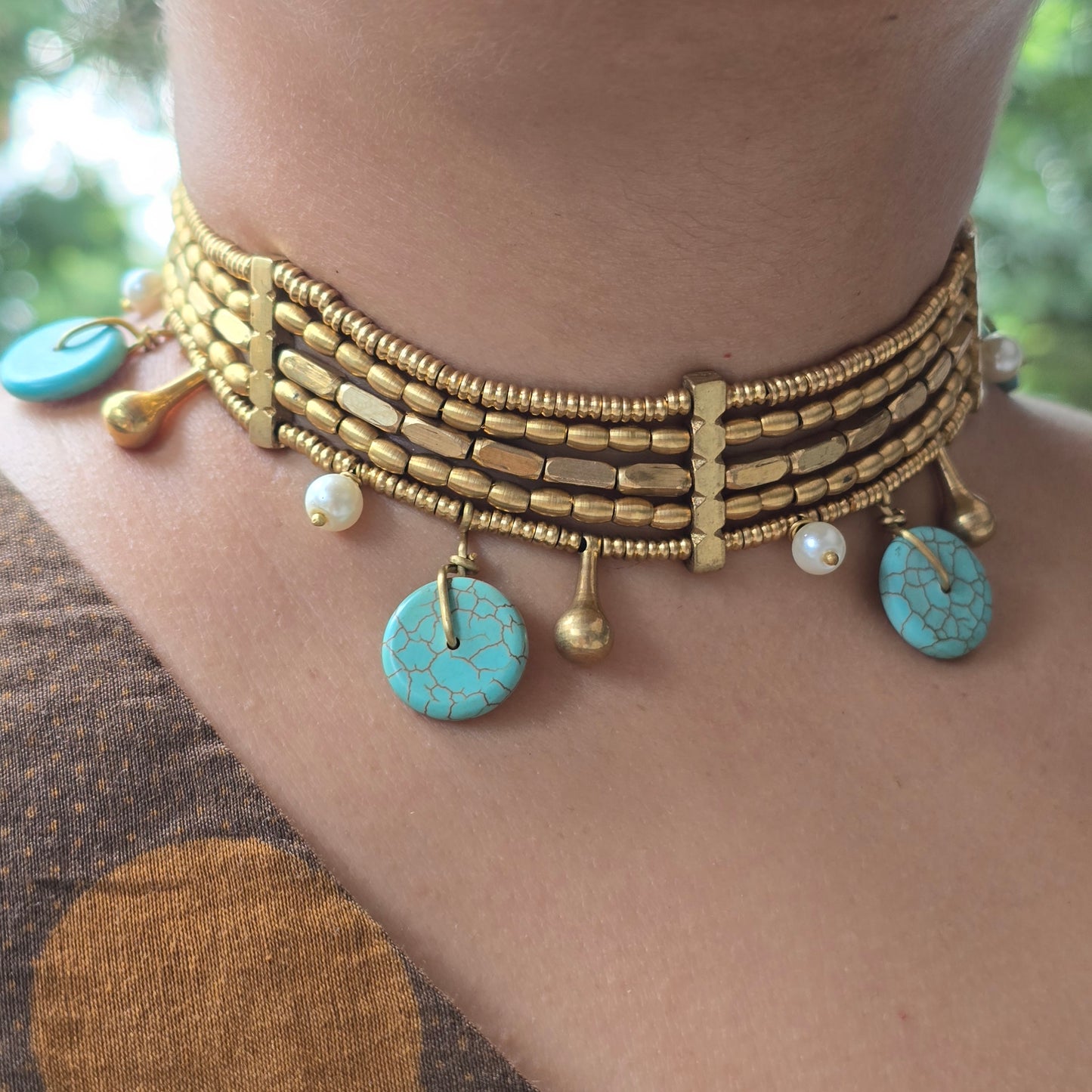 Turquoise Charm Brass Choker