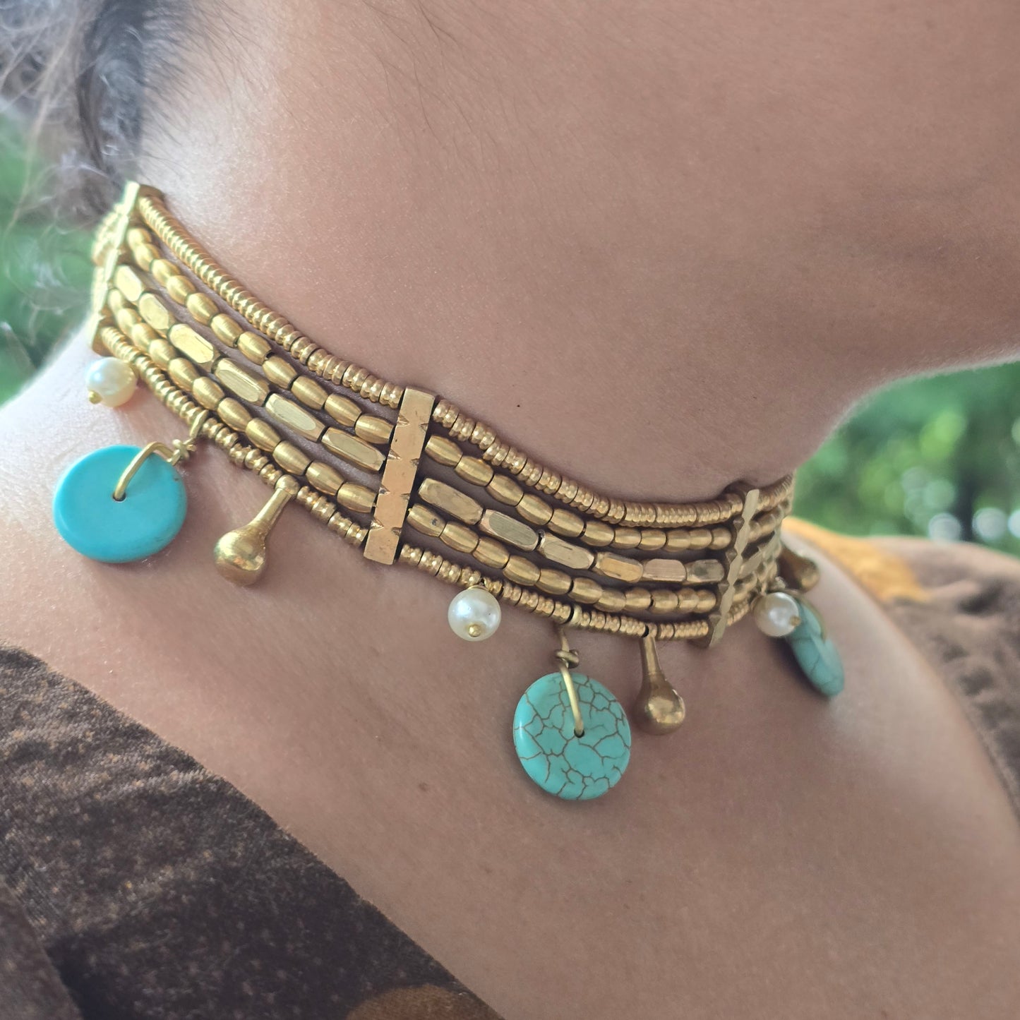 Turquoise Charm Brass Choker