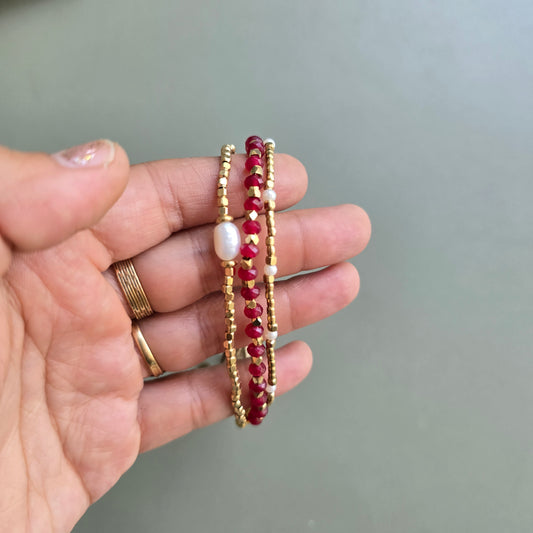 Dark Pink Onyx Lumba Bracelet with Brass Charms