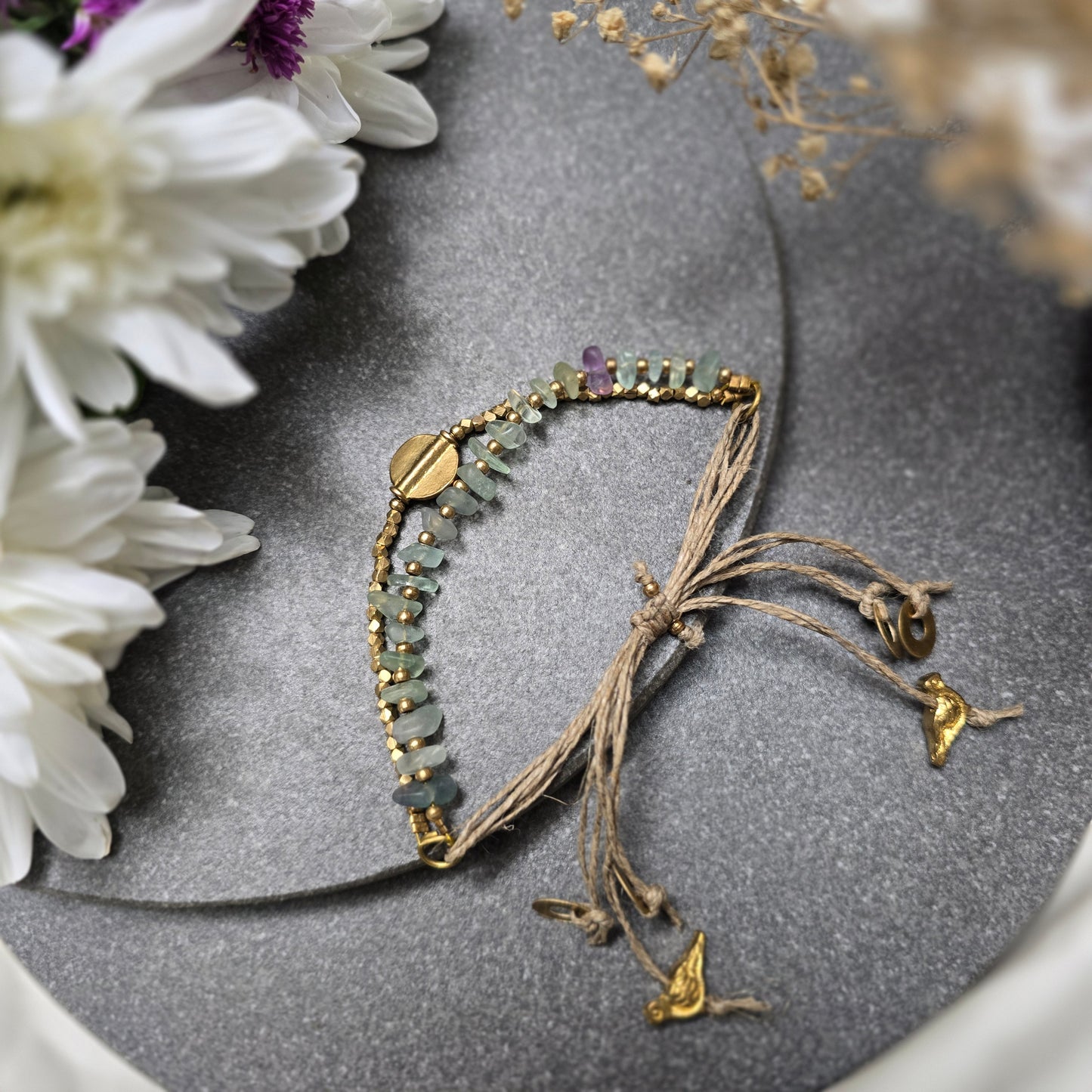 Layered Green Fluorite Bracelet with Brass Charms
