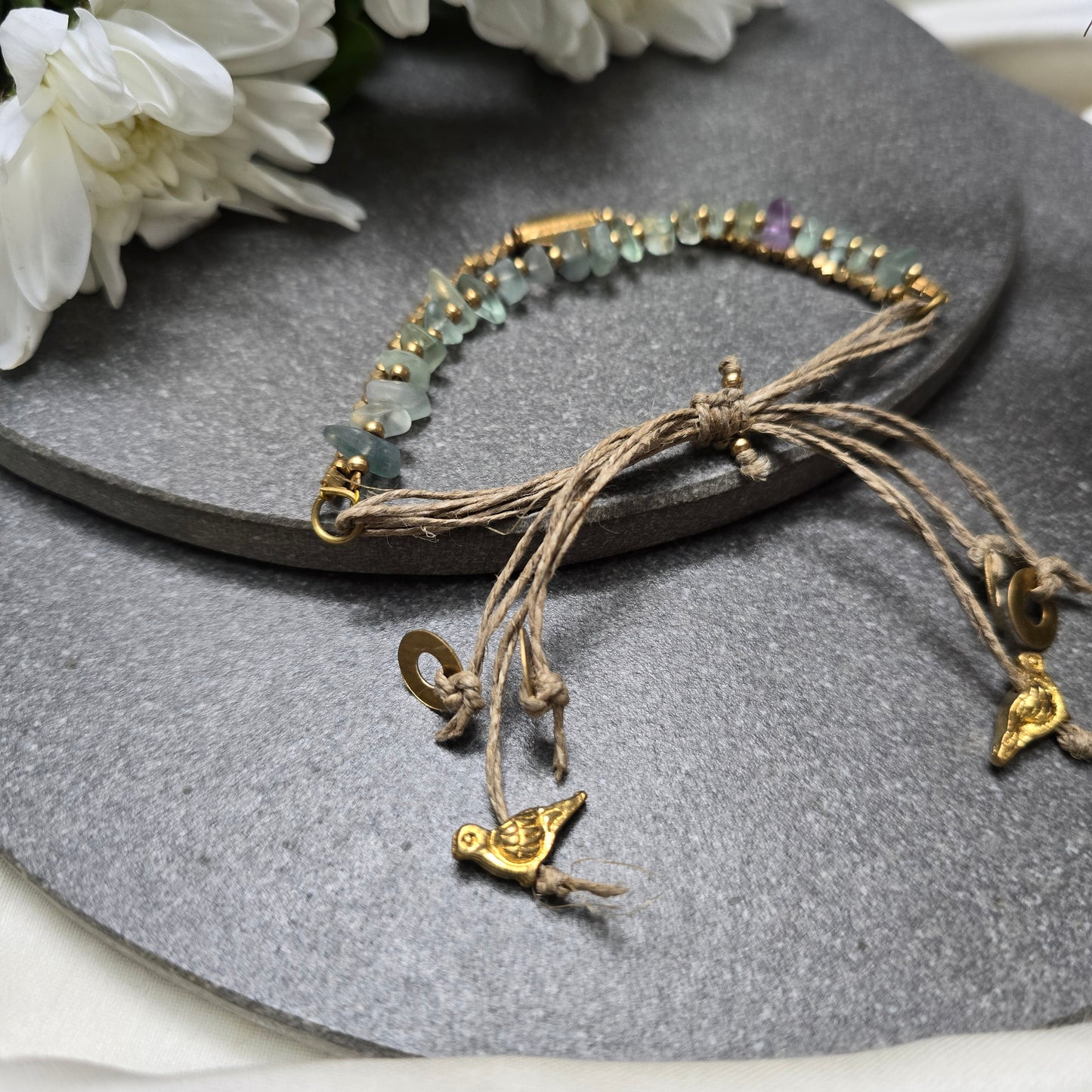 Layered Green Fluorite Bracelet with Brass Charms