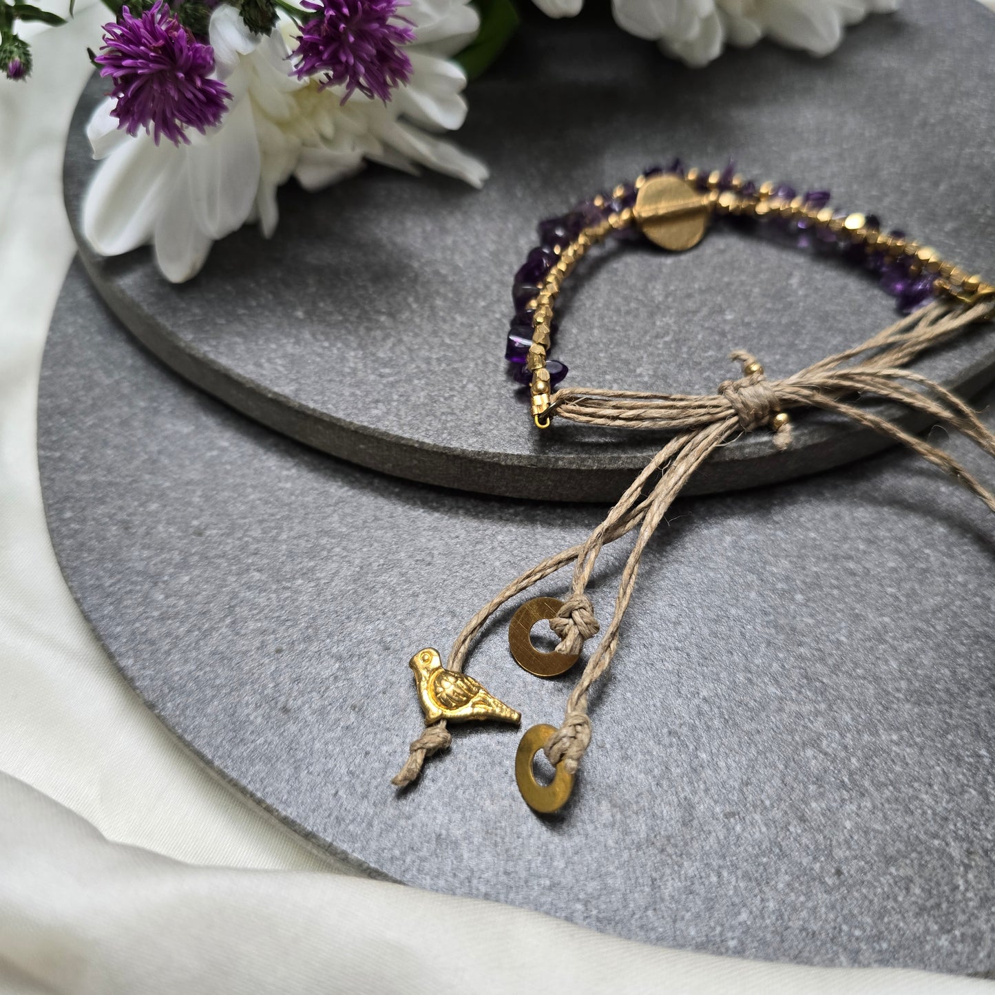 Layered Amethyst Bracelet with Brass Charms