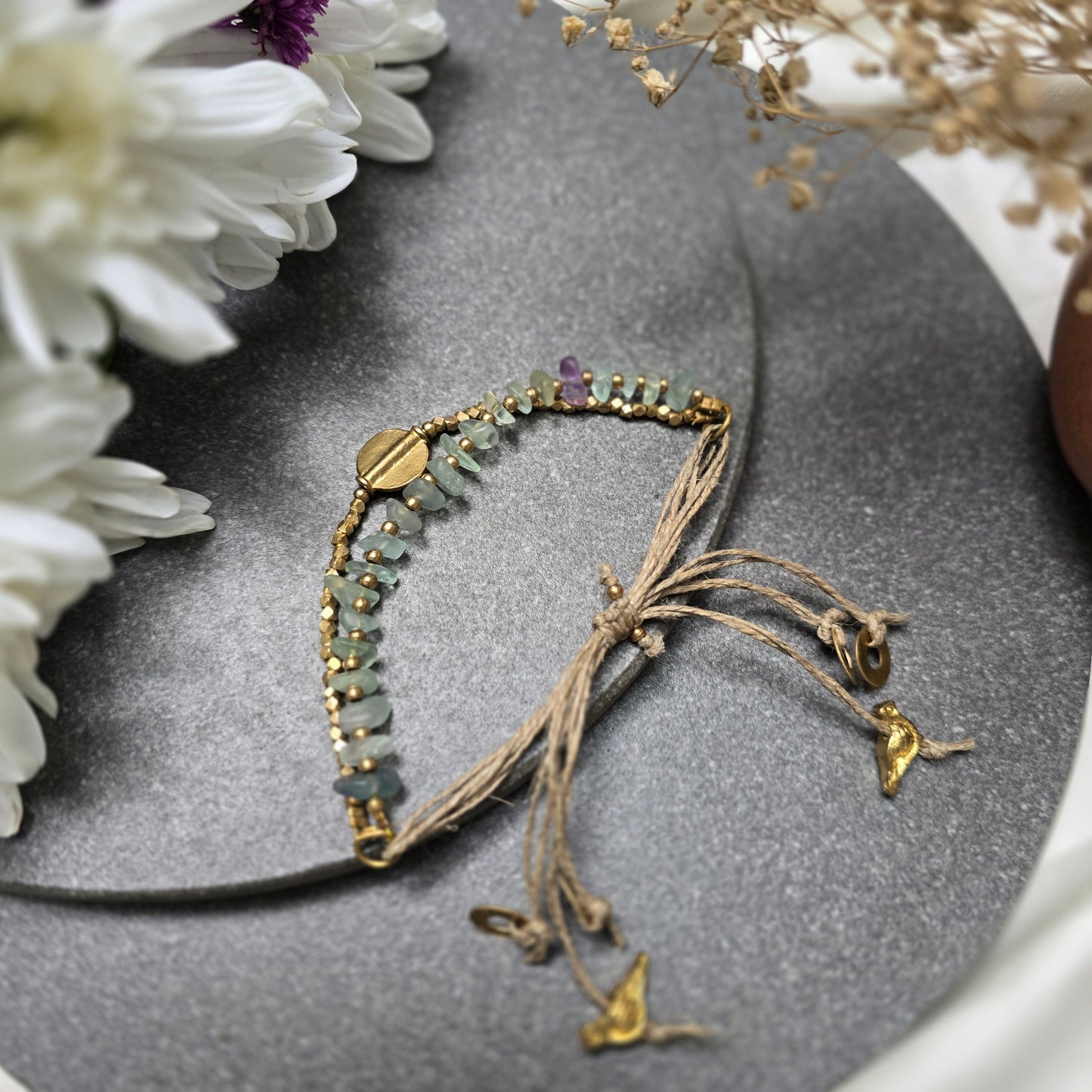 Layered Green Fluorite Bracelet with Brass Charms
