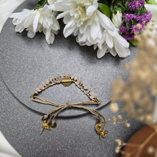 Layered Rose Quartz Bracelet with Brass Charms