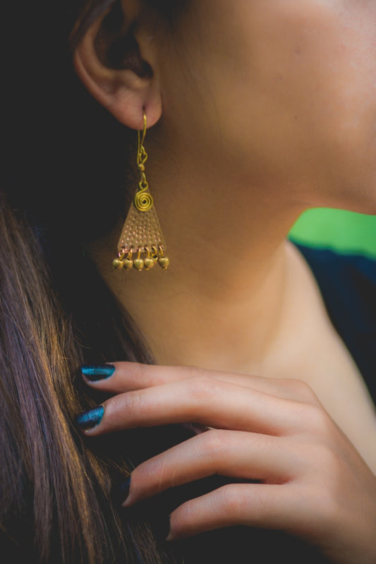 Beaten Triangular Mixed Metal Earring handmade jewelry, front picture