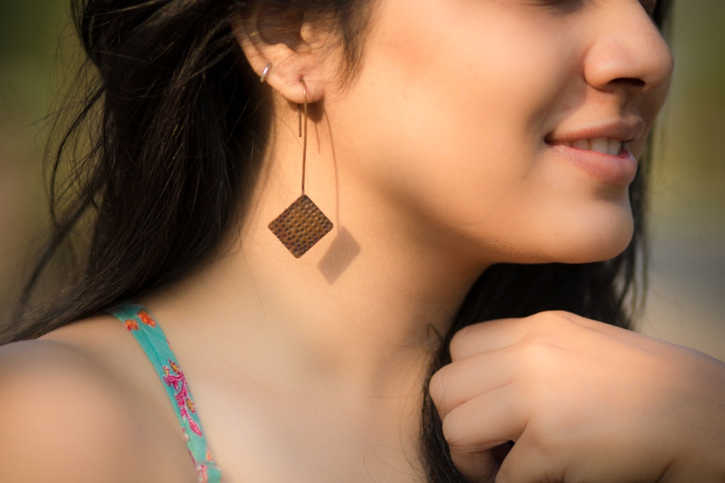 beaten rhombus hook earrings handmade jewelry, front picture
