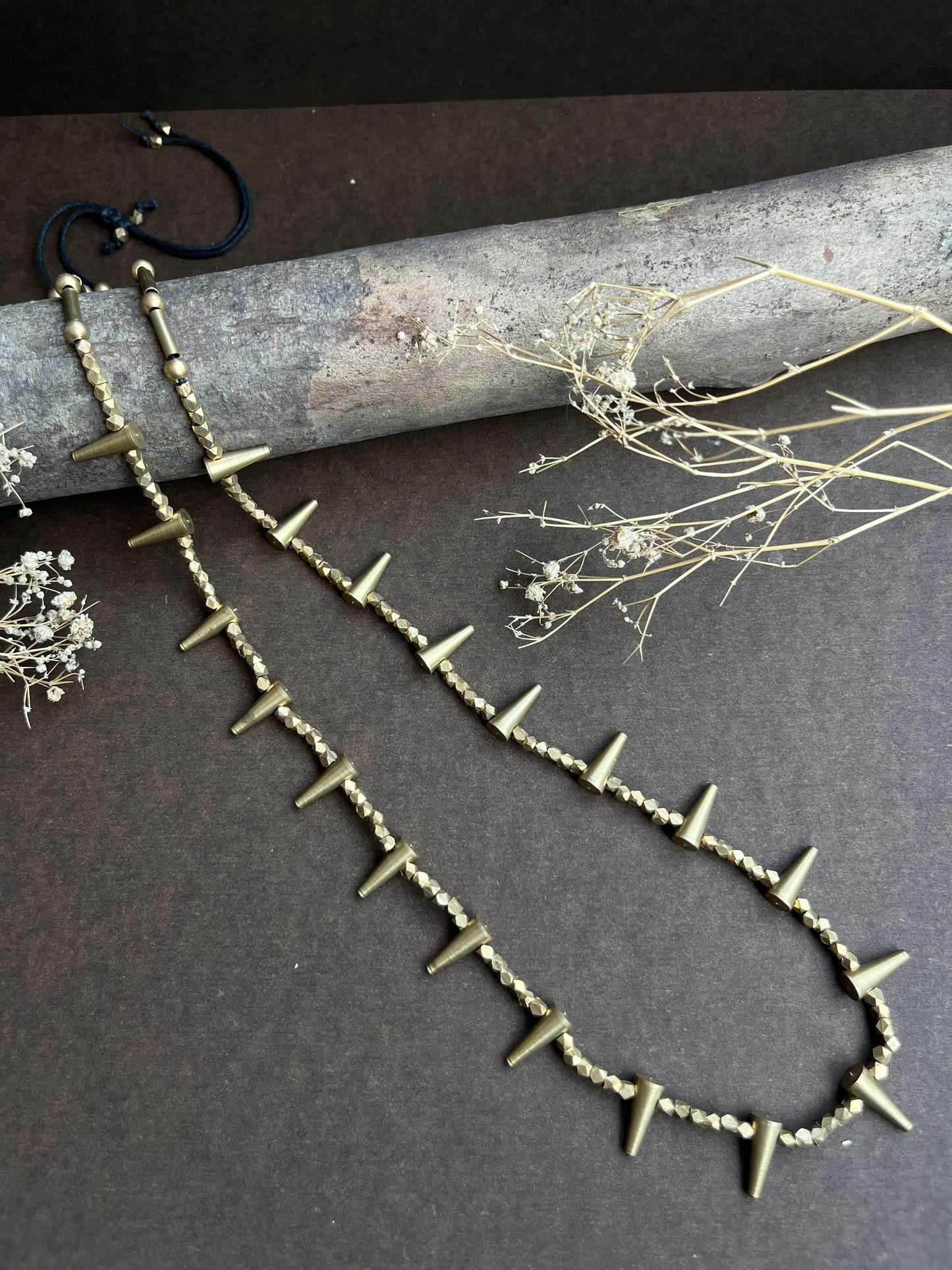 Brass spikes charm necklace