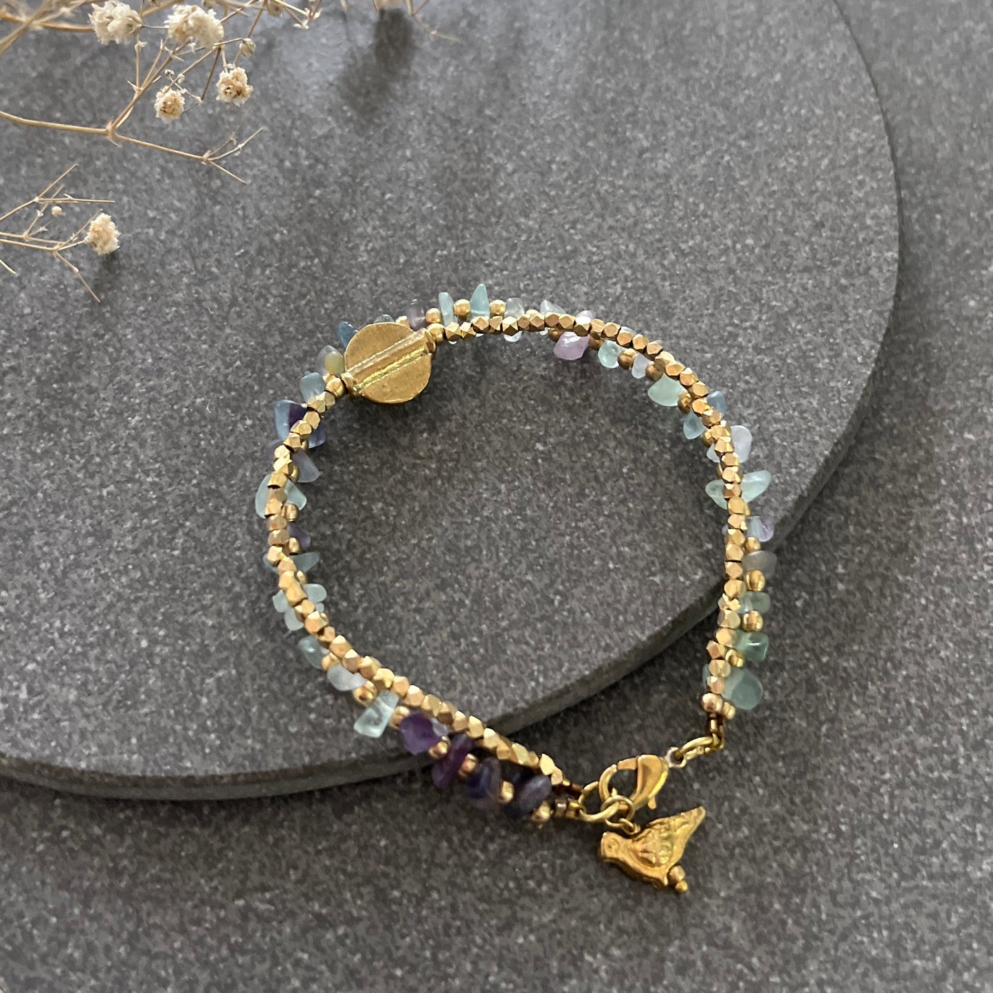 Green Fluorite Bracelet with Bird Charms