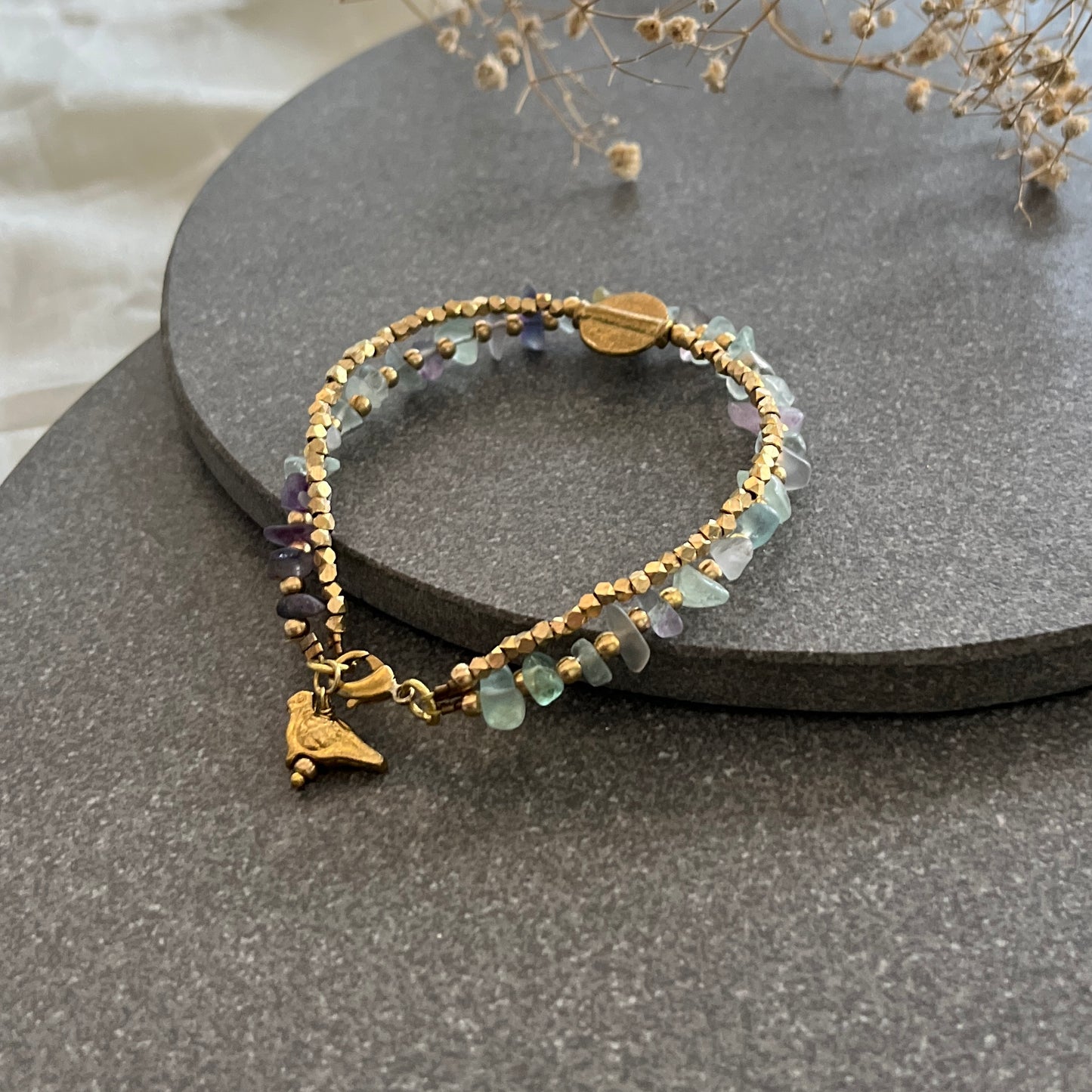 Green Fluorite Bracelet with Bird Charms