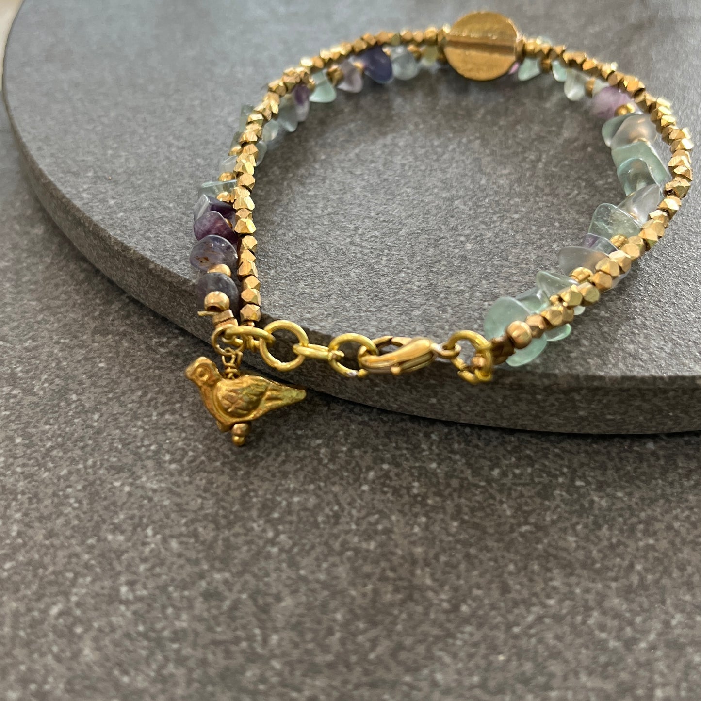 Green Fluorite Bracelet with Bird Charms