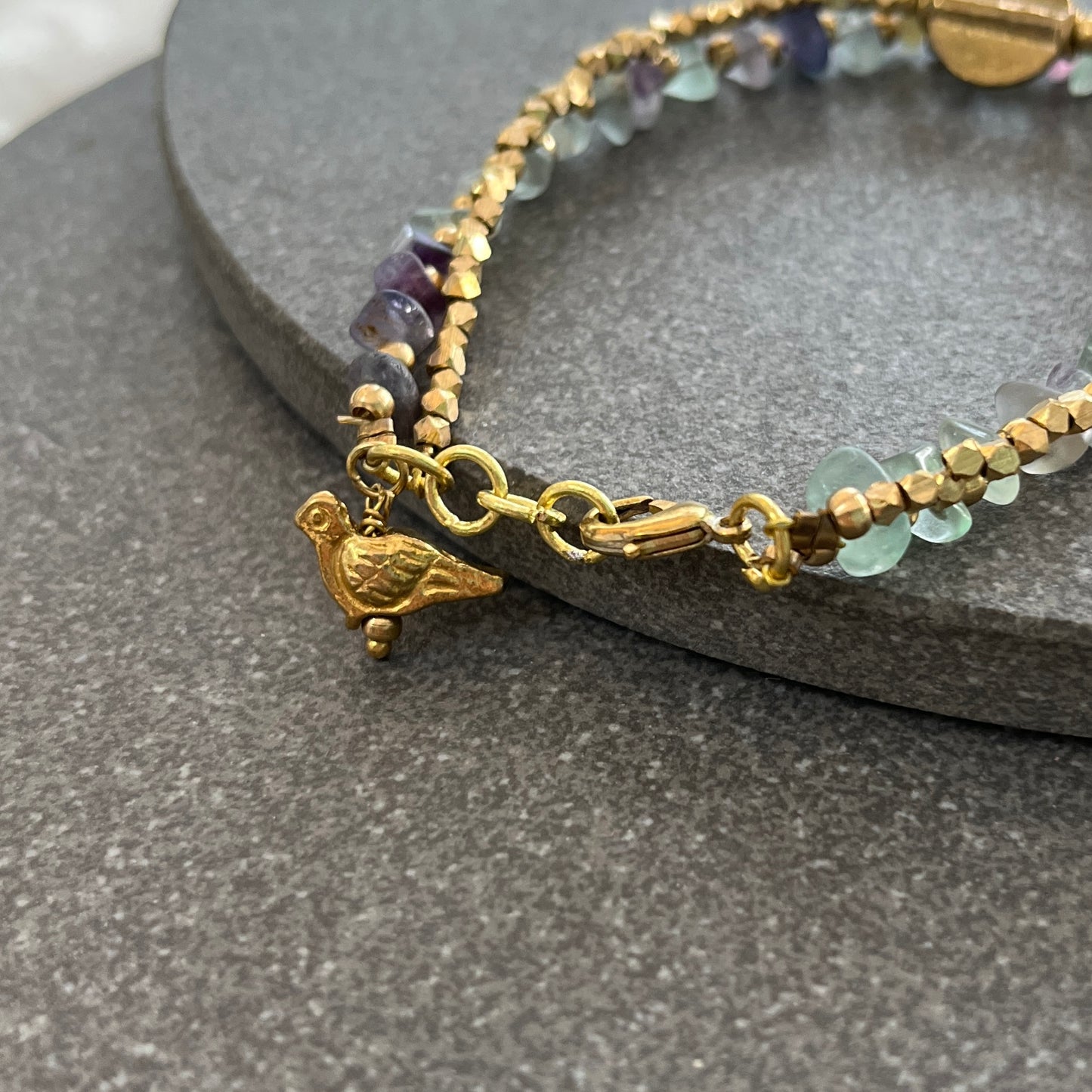 Green Fluorite Bracelet with Bird Charms