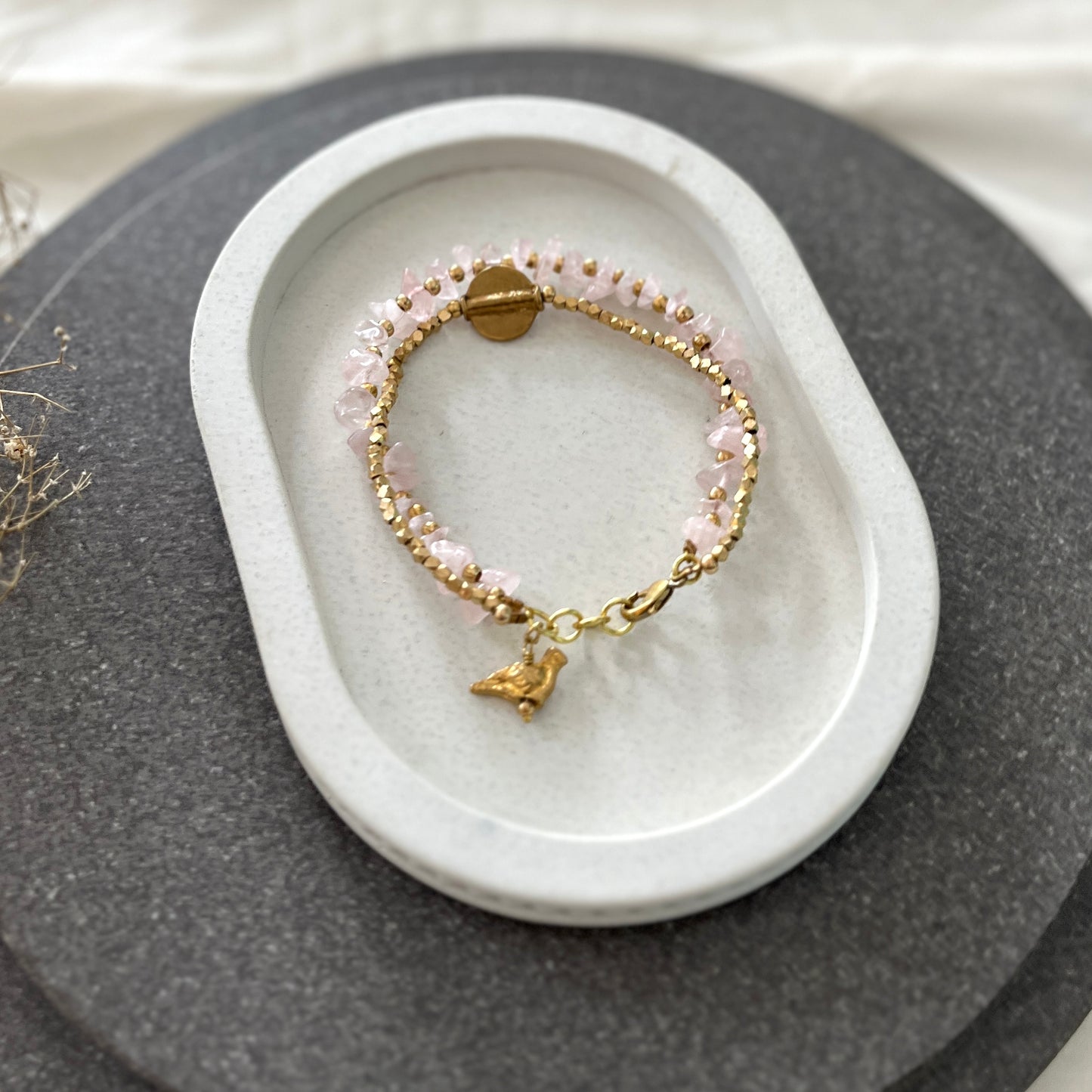 Rose Quartz Bracelet with Bird Charms