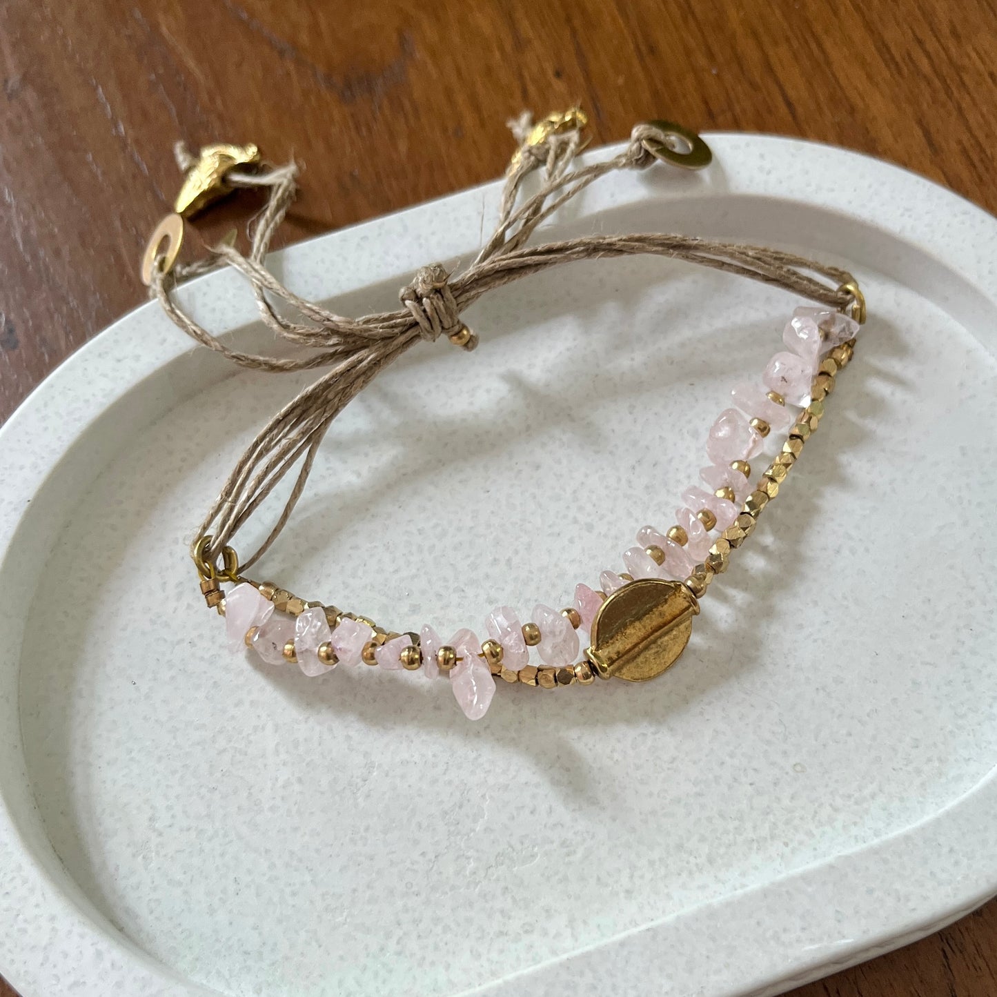 Layered Rose Quartz Bracelet with Brass Charms
