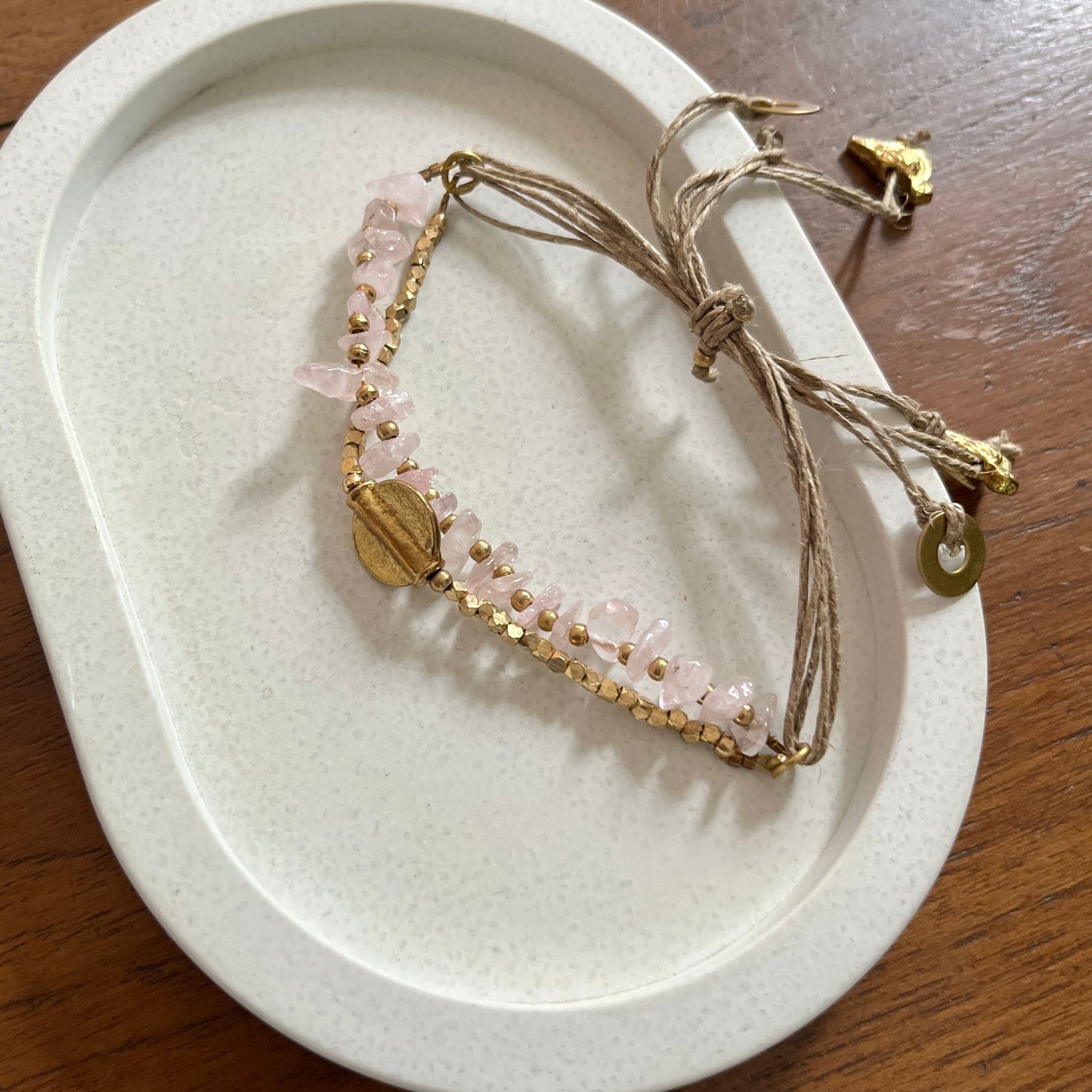 Layered Rose Quartz Bracelet with Brass Charms