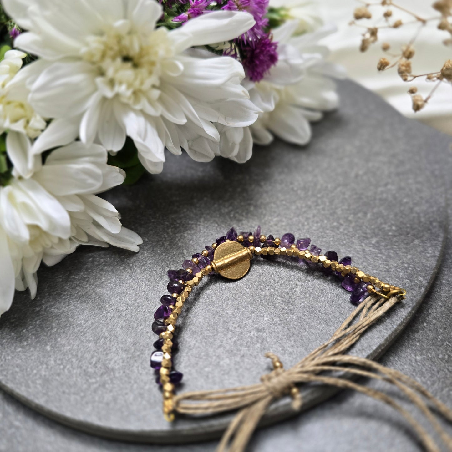 Layered Amethyst Bracelet with Brass Charms