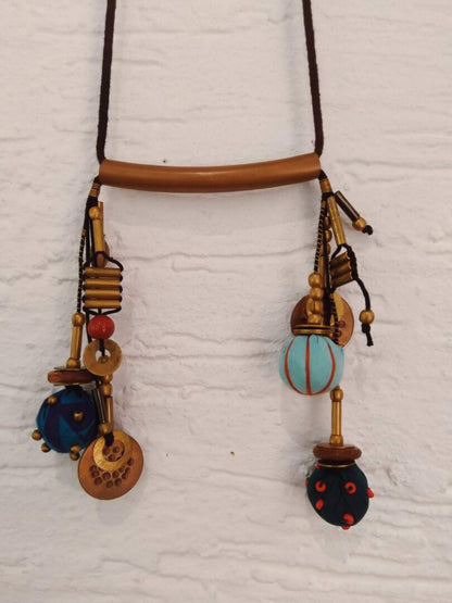 Copper tube necklace with embellishments (blue)