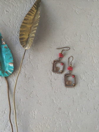 Wire-wrapped square earrings - coral