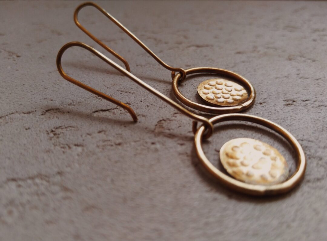 Beaten Circular Loop earrings handmade jewelry, close up