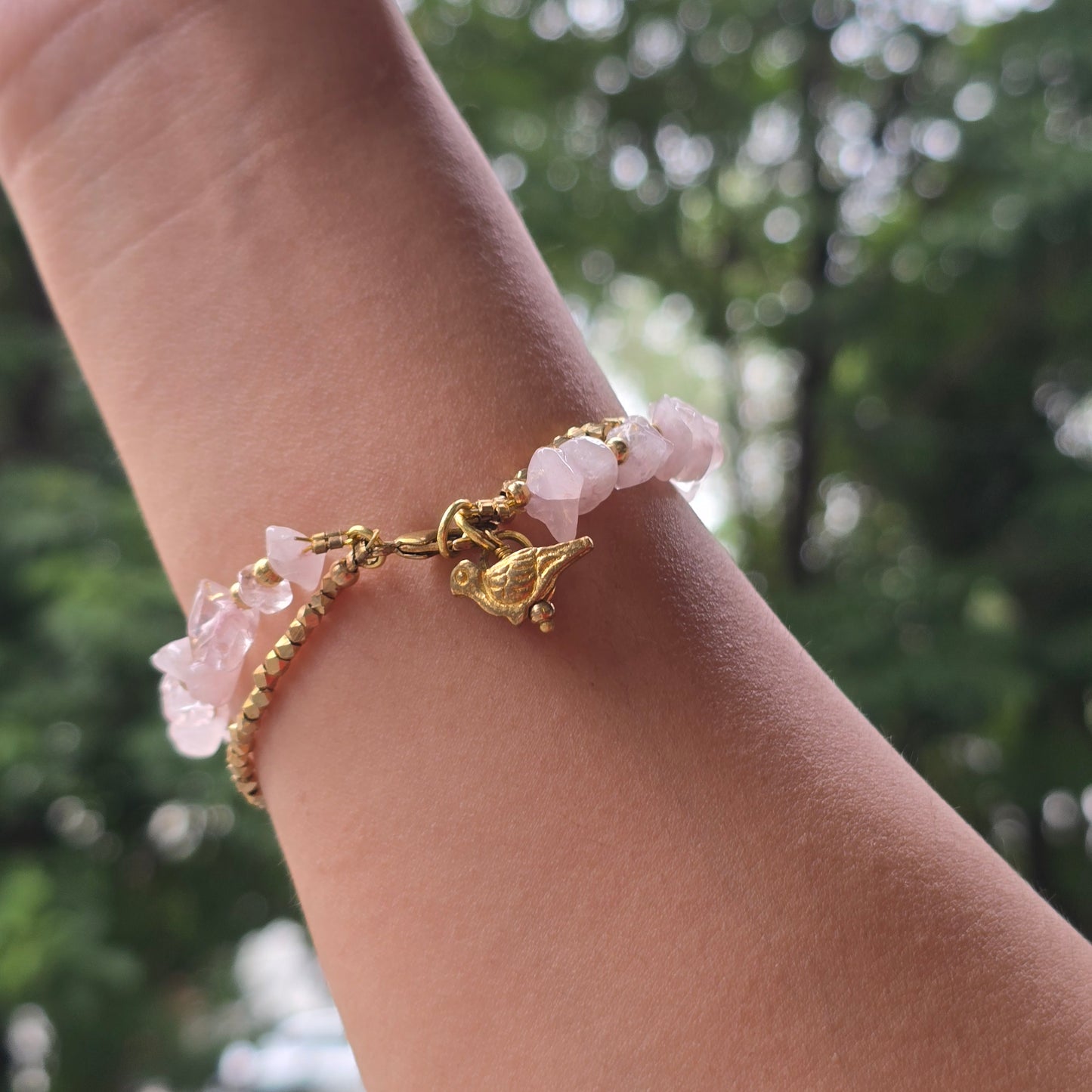Rose Quartz Bracelet with Bird Charms