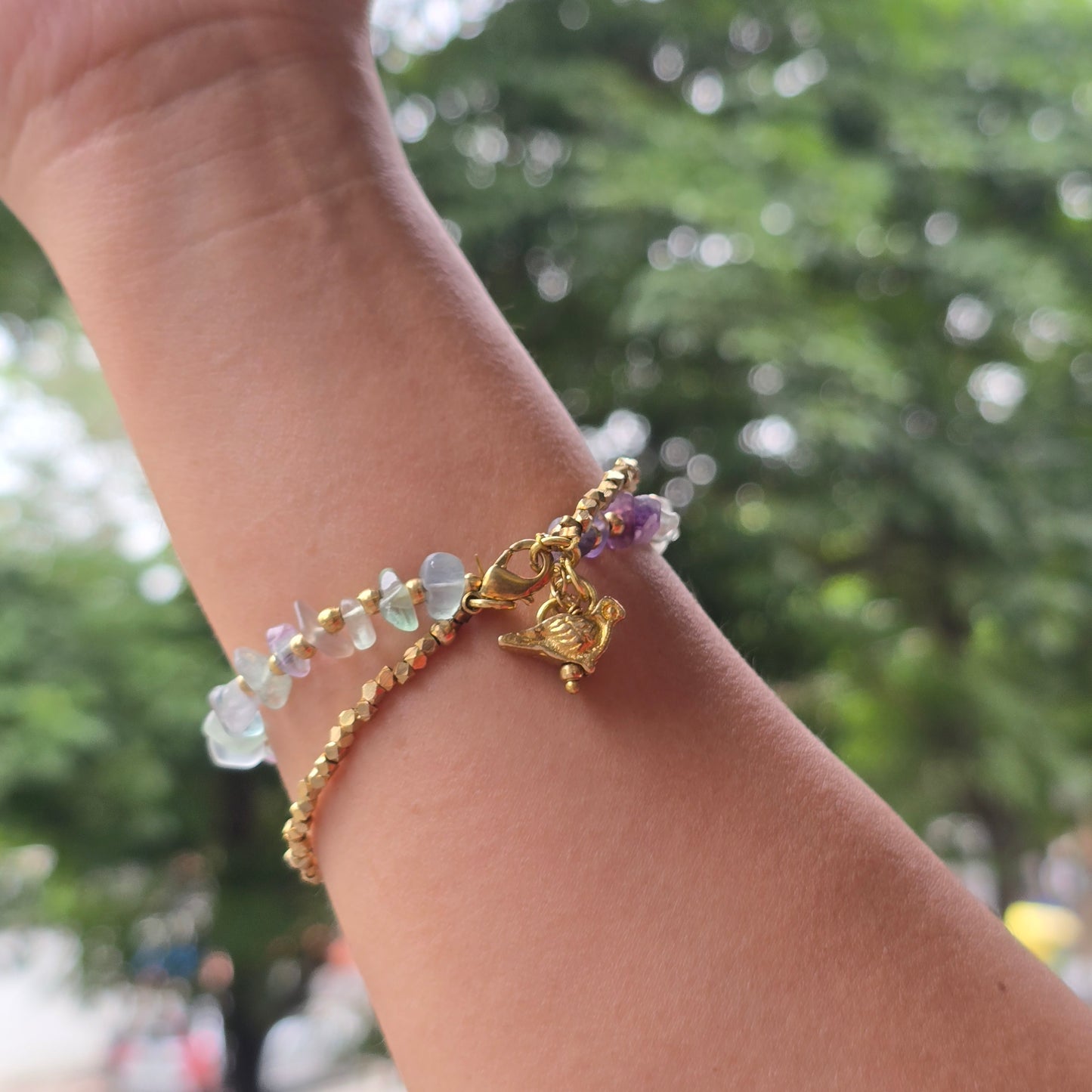 Green Fluorite Bracelet with Bird Charms