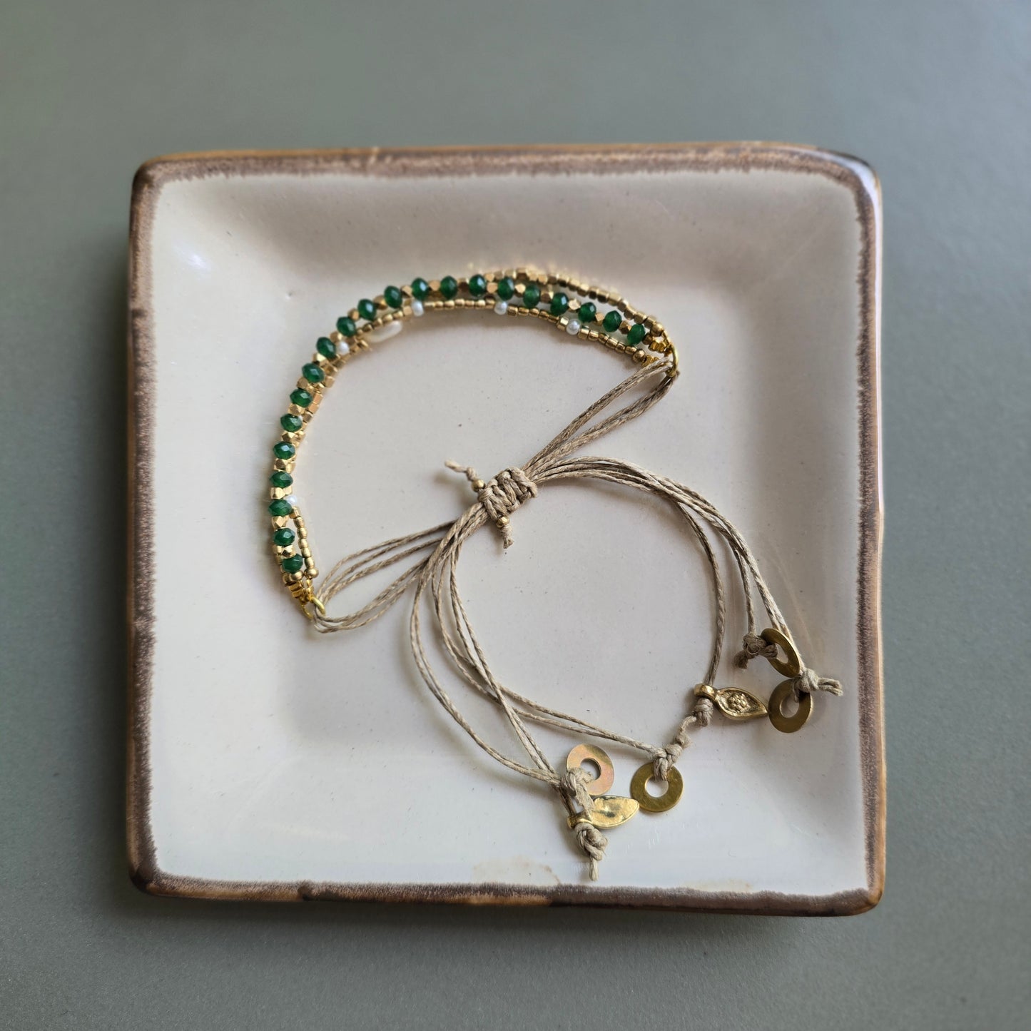 Green Onyx Lumba Bracelet with Brass Charms