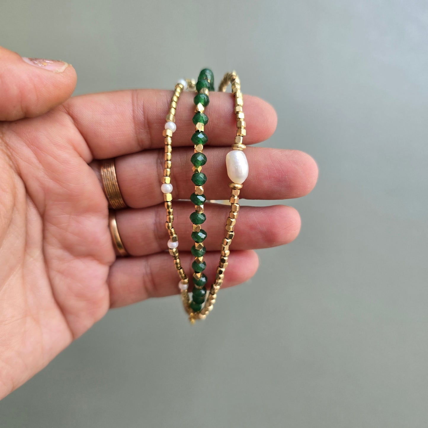 Green Onyx Lumba Bracelet with Brass Charms