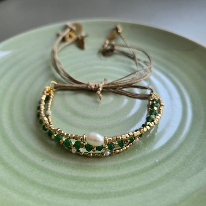 Green Onyx Lumba Bracelet with Brass Charms