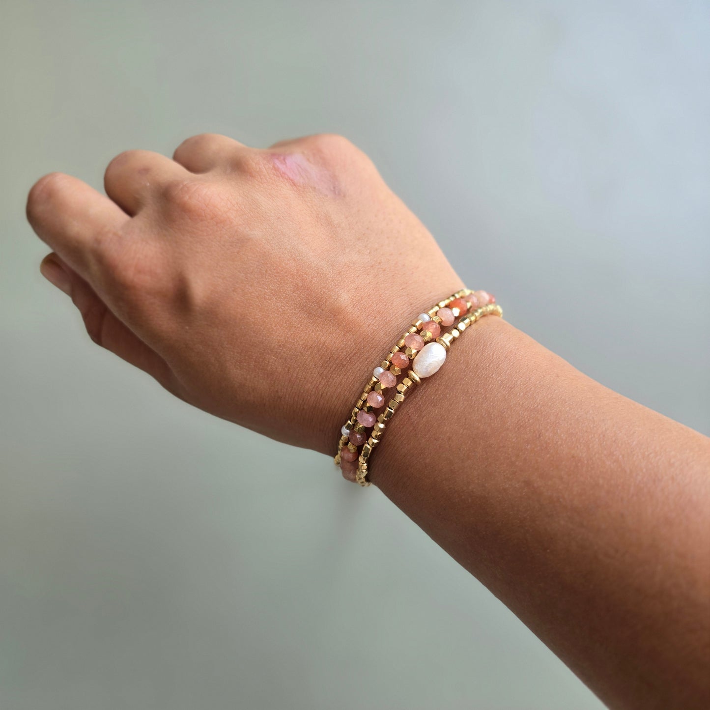 Peach Onyx Lumba Bracelet with Brass Charms