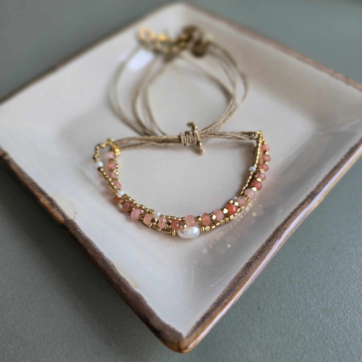 Peach Onyx Lumba Bracelet with Brass Charms