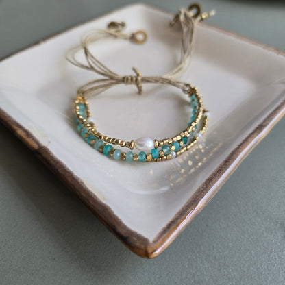 Aqua blue Onyx Lumba Bracelet with Brass Charms