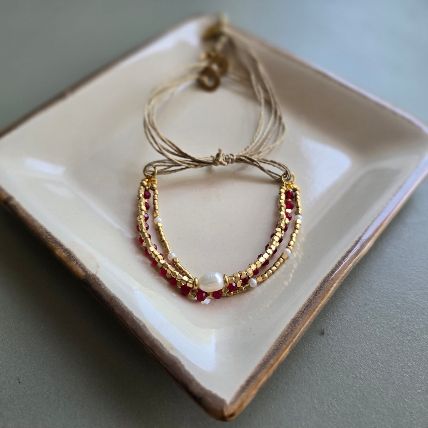 Dark Pink Onyx Lumba Bracelet with Brass Charms