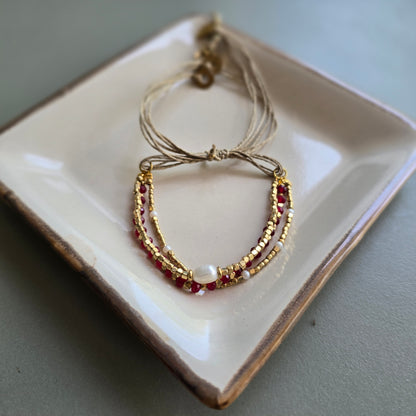 Dark Pink Onyx Lumba Bracelet with Brass Charms