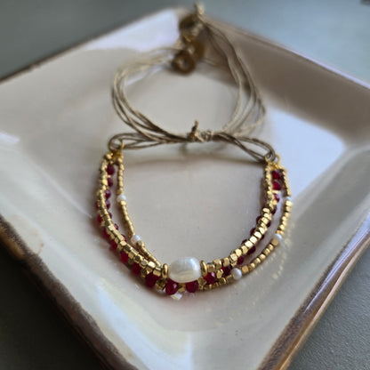 Dark Pink Onyx Lumba Bracelet with Brass Charms