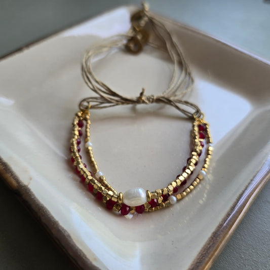 Dark Pink Onyx Lumba Bracelet with Brass Charms