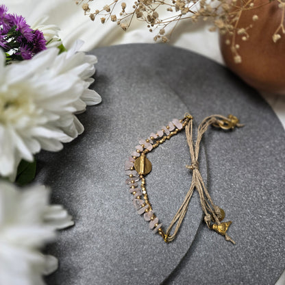 Layered Rose Quartz Bracelet with Brass Charms