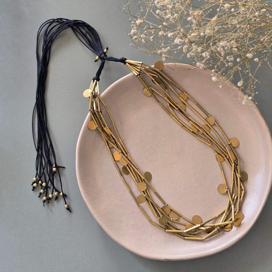 Brass tube necklace with discs