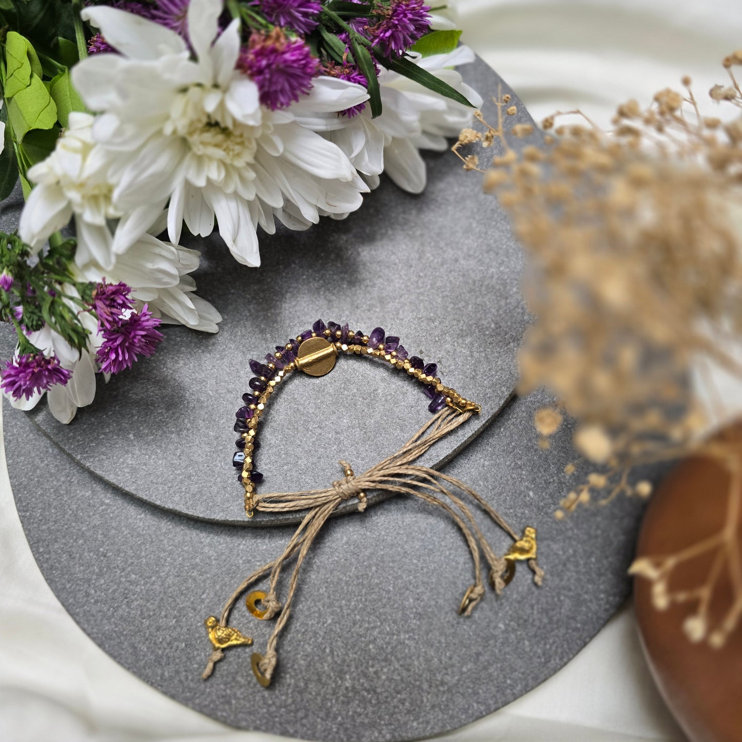 Layered Amethyst Bracelet with Brass Charms