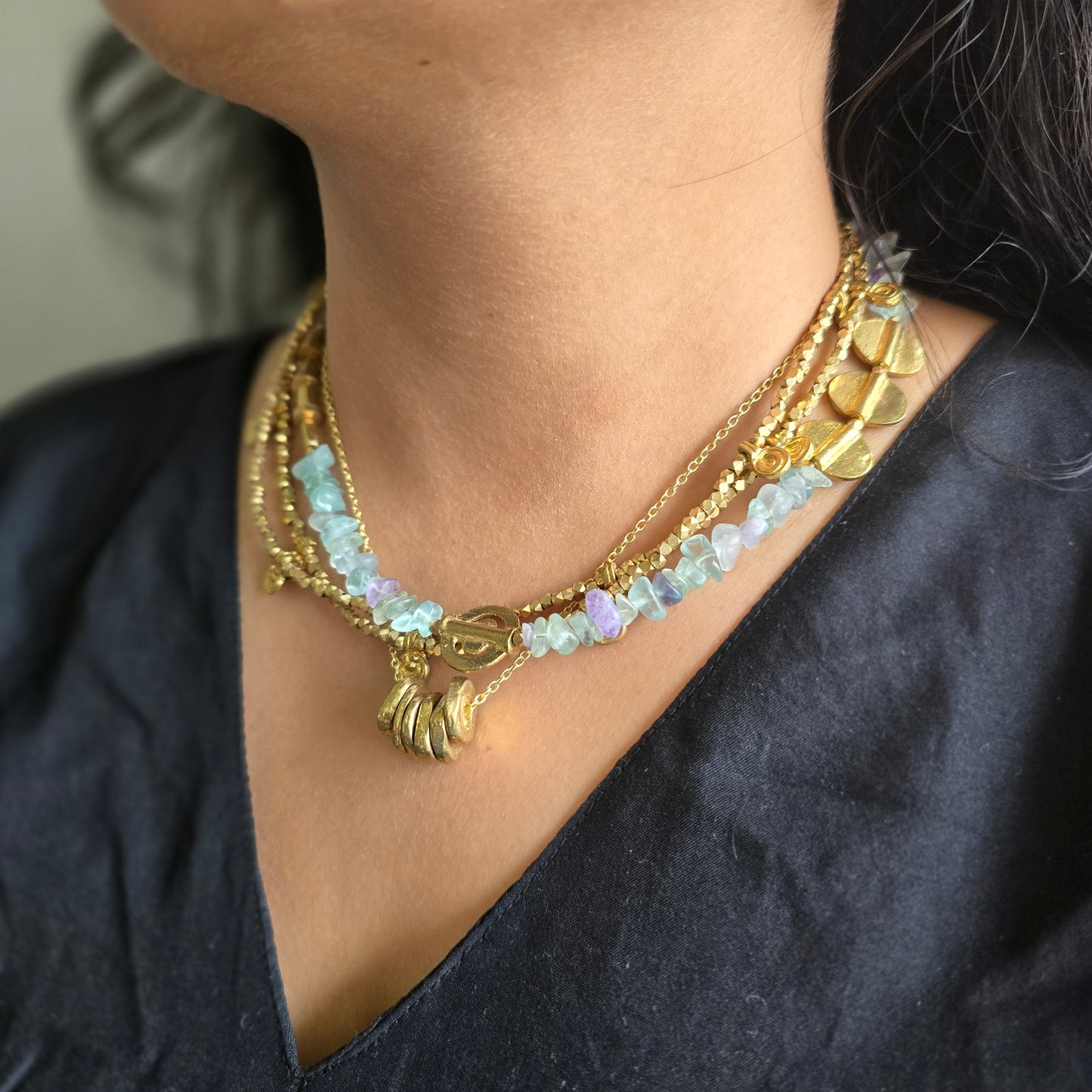 Green fluorite layered necklace