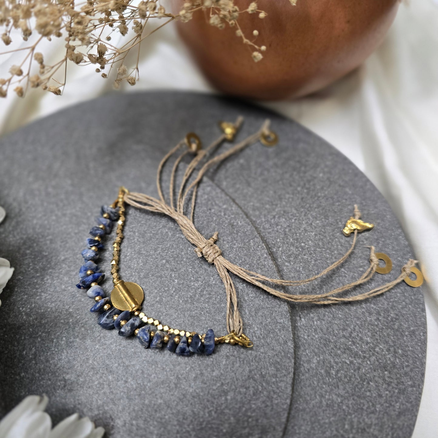 Layered Lapis Lazuli Bracelet with Brass Charms