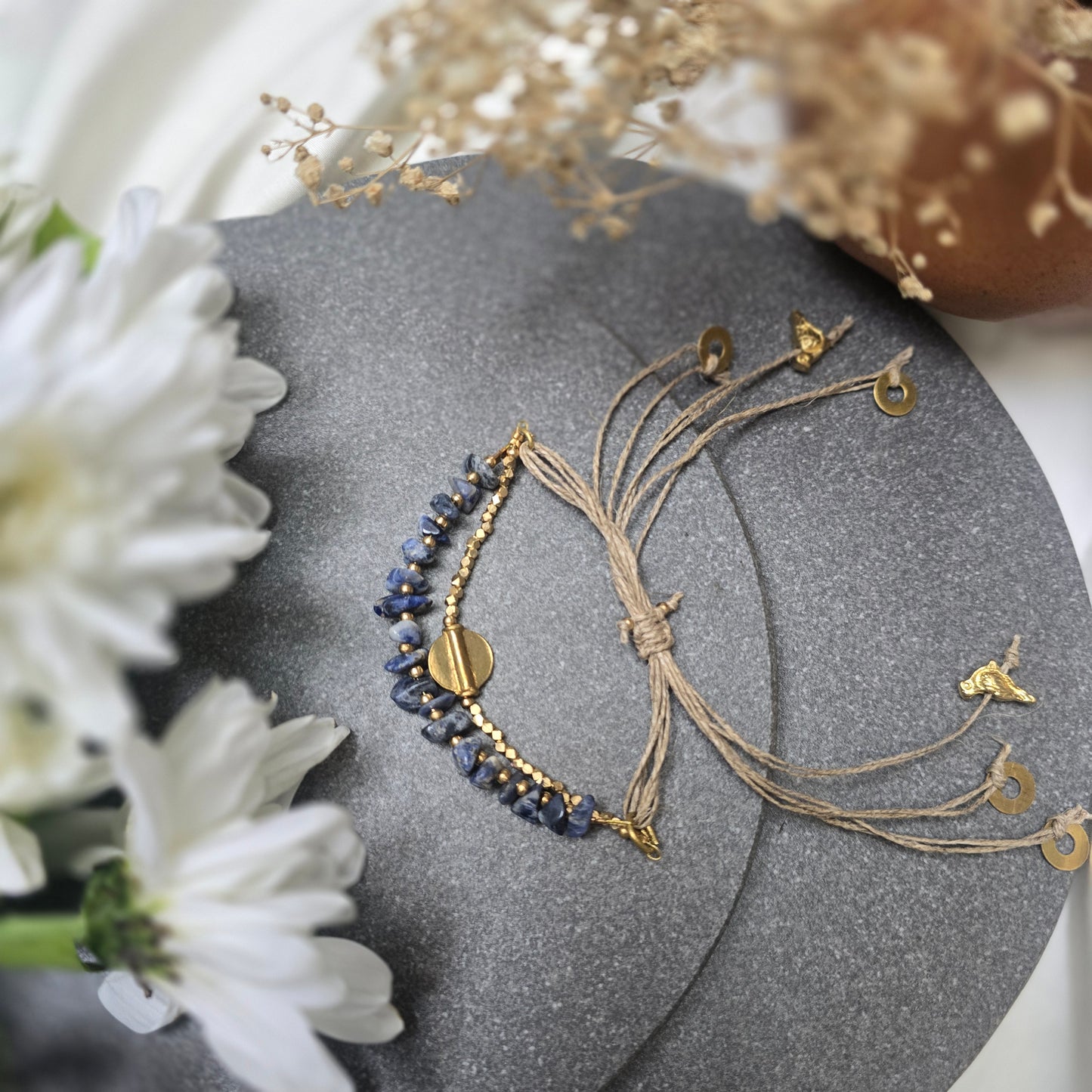 Layered Lapis Lazuli Bracelet with Brass Charms