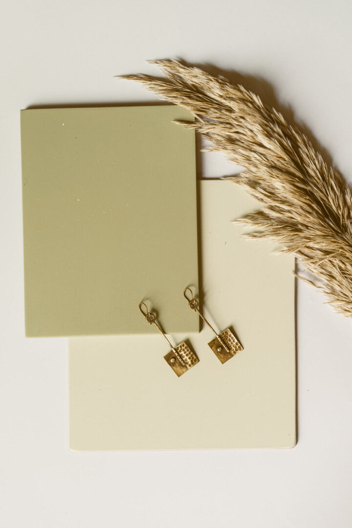 Beaten Square Brass Earring handmade jewelry, front picture