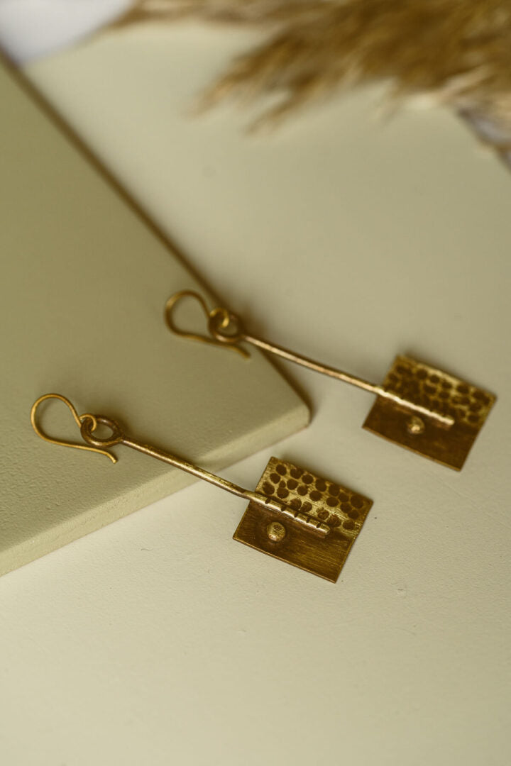 Beaten Square Brass Earring handmade jewelry, close up