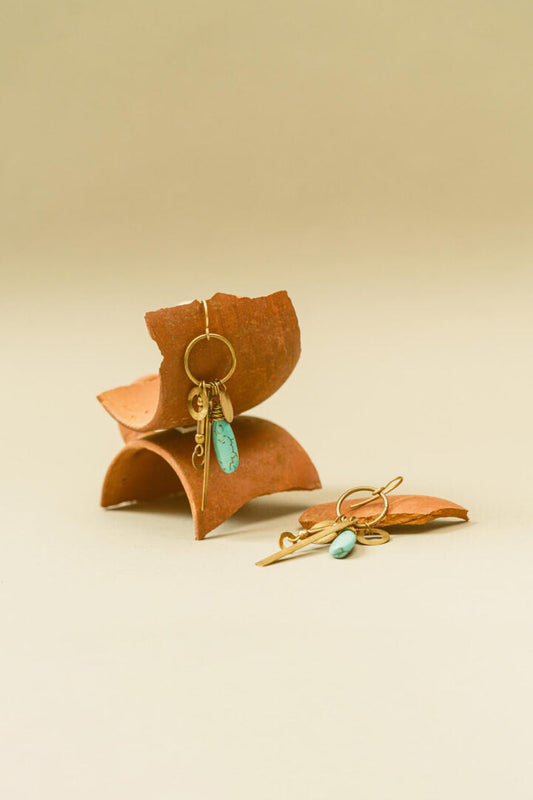 Brass loop earrings with turquoise danglings handmade jewelry, front picture