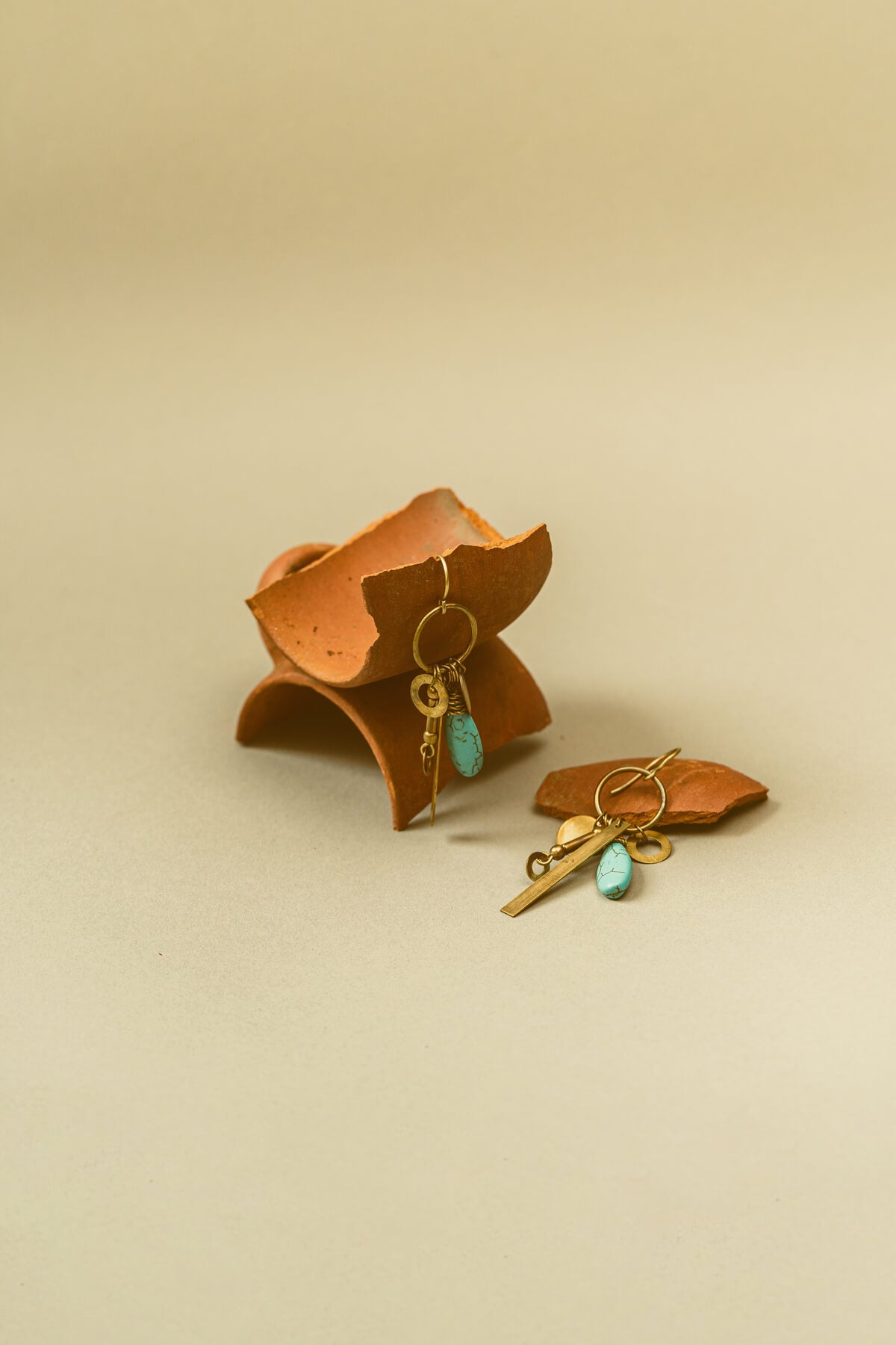 Brass loop earrings with turquoise danglings handmade jewelry, front picture