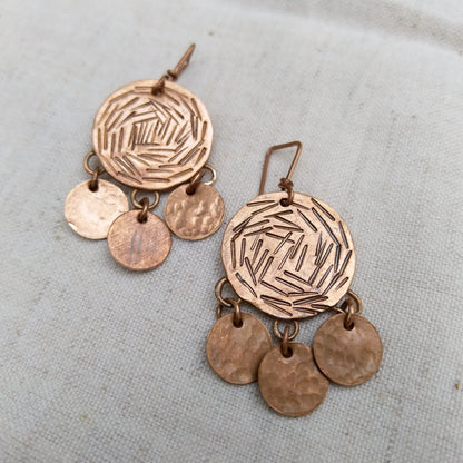 Circular copper disc earrings - linear