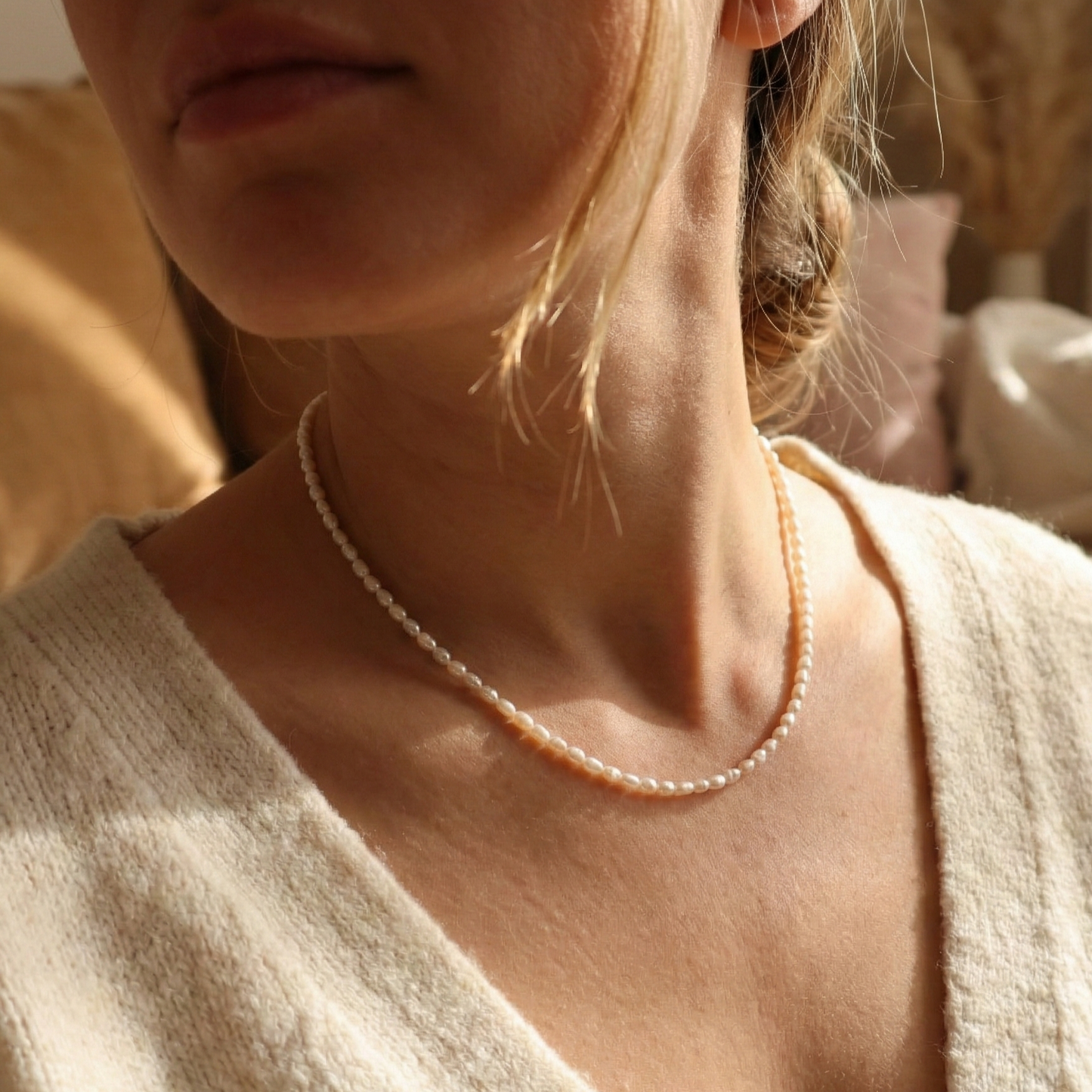 Dainty long pearl necklace