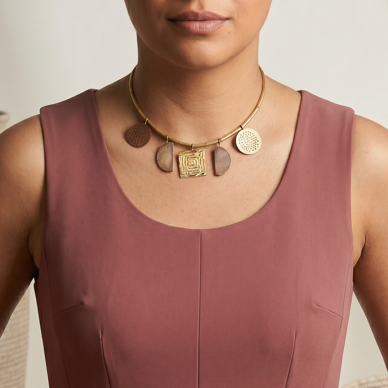 Woman wearing a mauve sleeveless dress with a neutral background